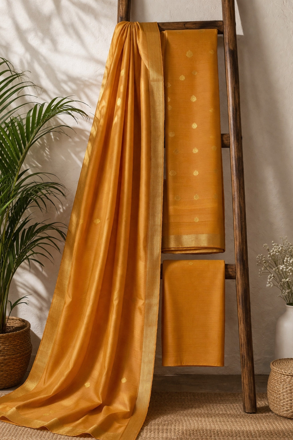 Burnt Orange Silk-Cotton Zari Weave Suit Set with Plain Border Dupatta