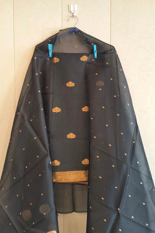 Black Linen Kalga Zari Suit Set with Organza Dupatta