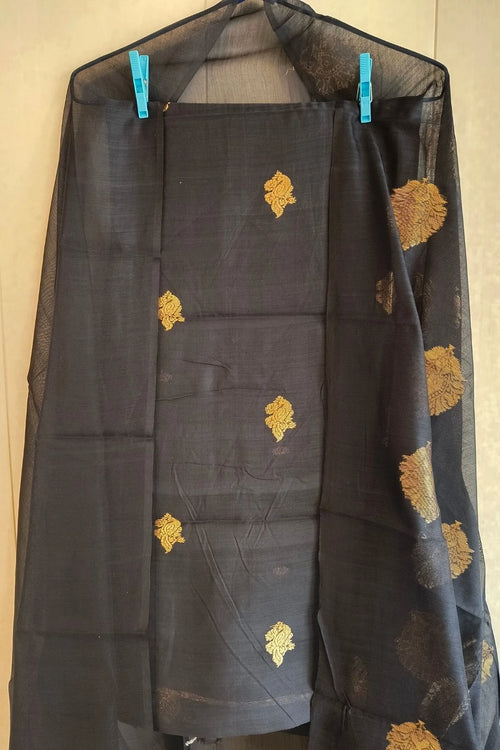 Black Royal Silk Zari Suit Set with Organza Dupatta