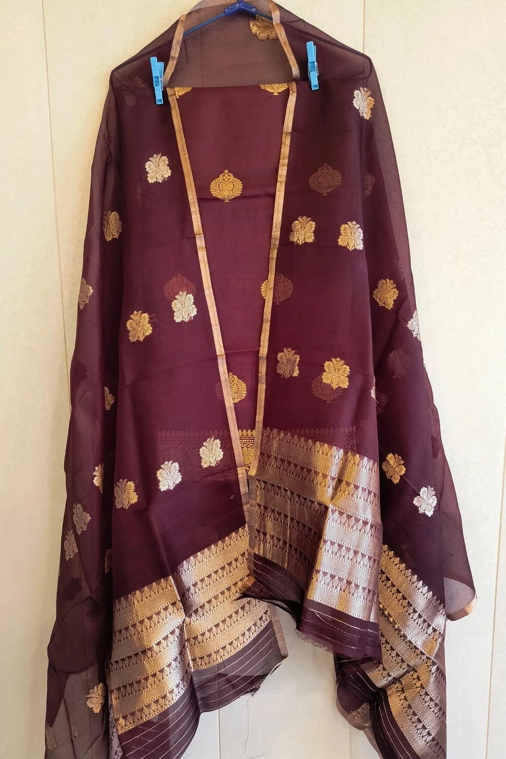 Maroon Pure Katan Silk Zari Suit Set with Organza Dupatta