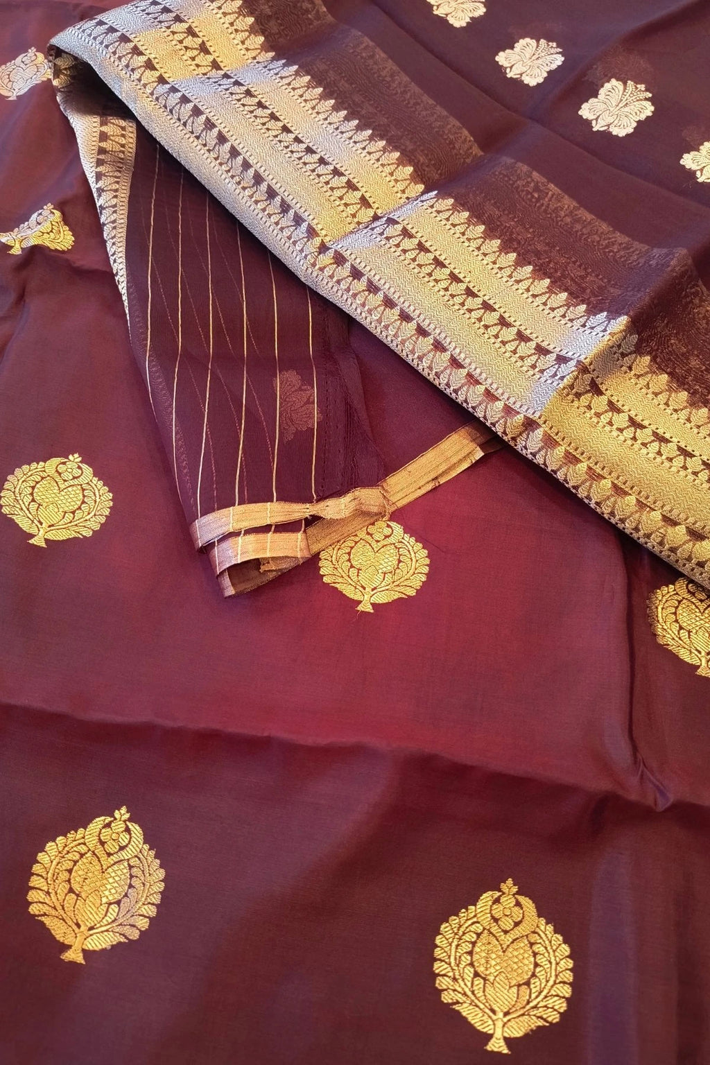 Maroon Pure Katan Silk Zari Suit Set with Organza Dupatta