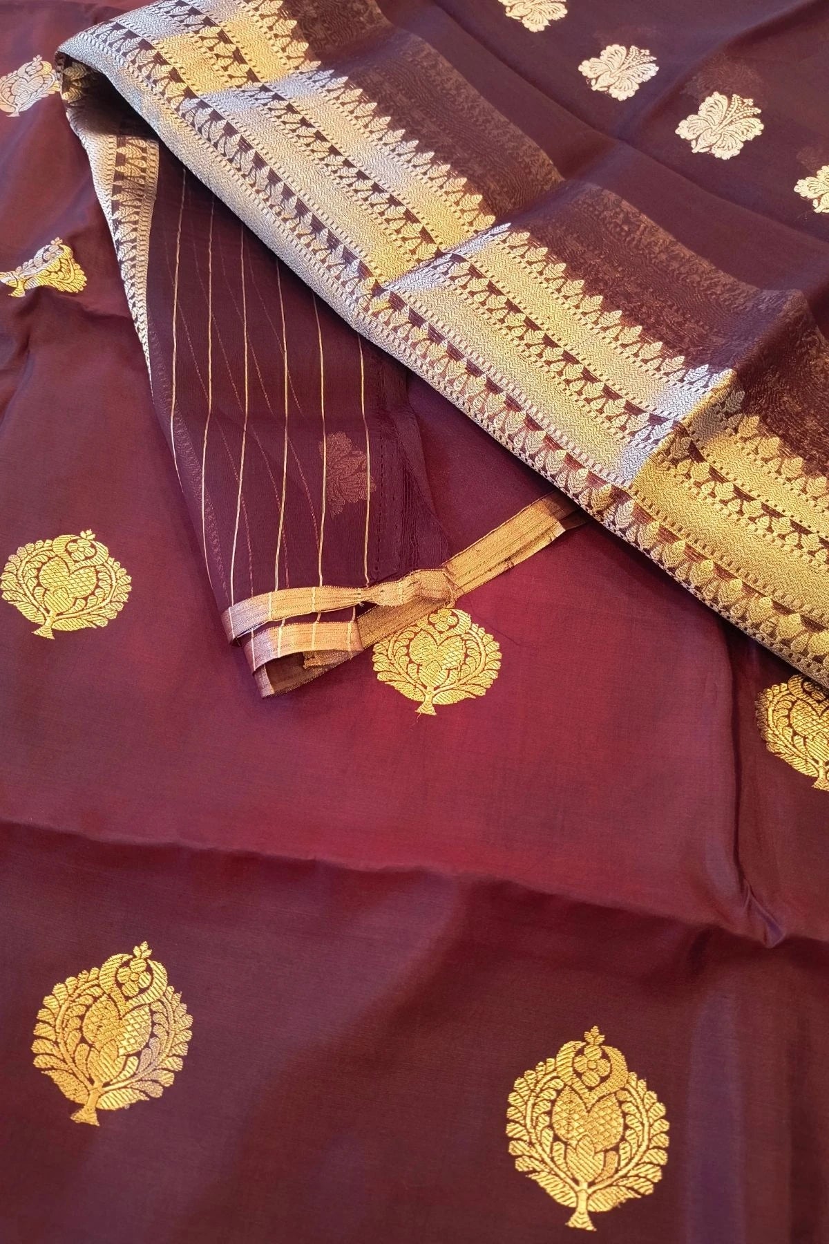 Maroon Pure Katan Silk Zari Suit Set with Organza Dupatta