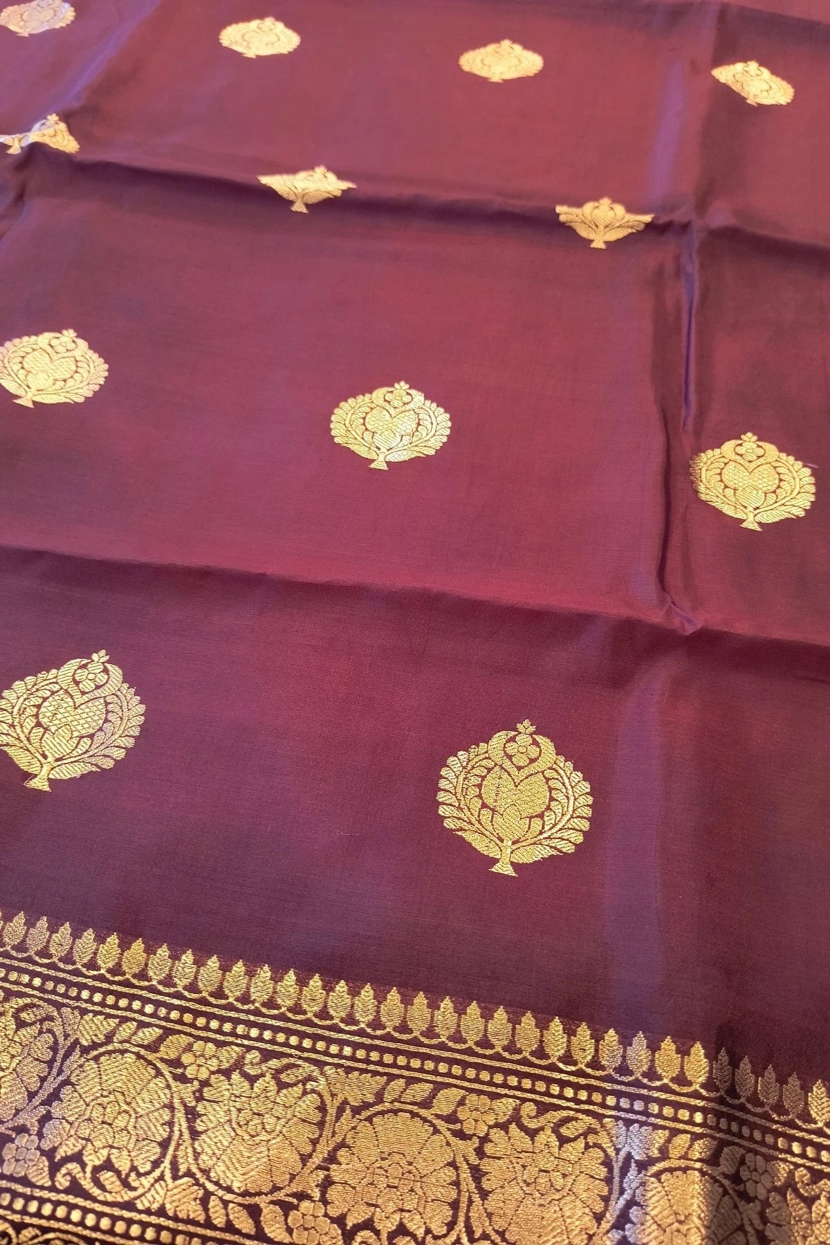 Maroon Pure Katan Silk Zari Suit Set with Organza Dupatta