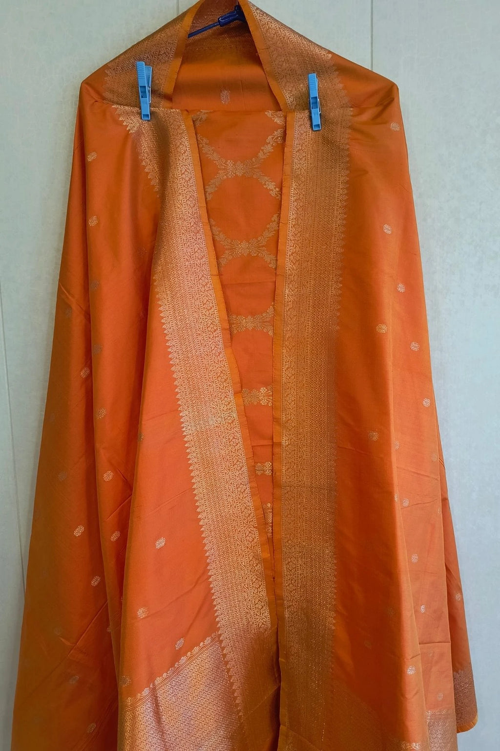 Orange Pure Katan Silk Jangla Zari Suit Set with Organza Dupatta