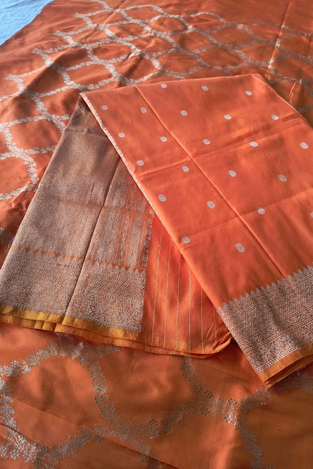 Orange Pure Katan Silk Jangla Zari Suit Set with Organza Dupatta