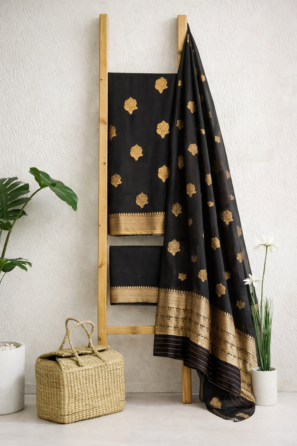 Black Royal Silk Zari Suit Set with Organza Dupatta