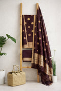 Maroon Pure Katan Silk Zari Suit Set with Organza Dupatta
