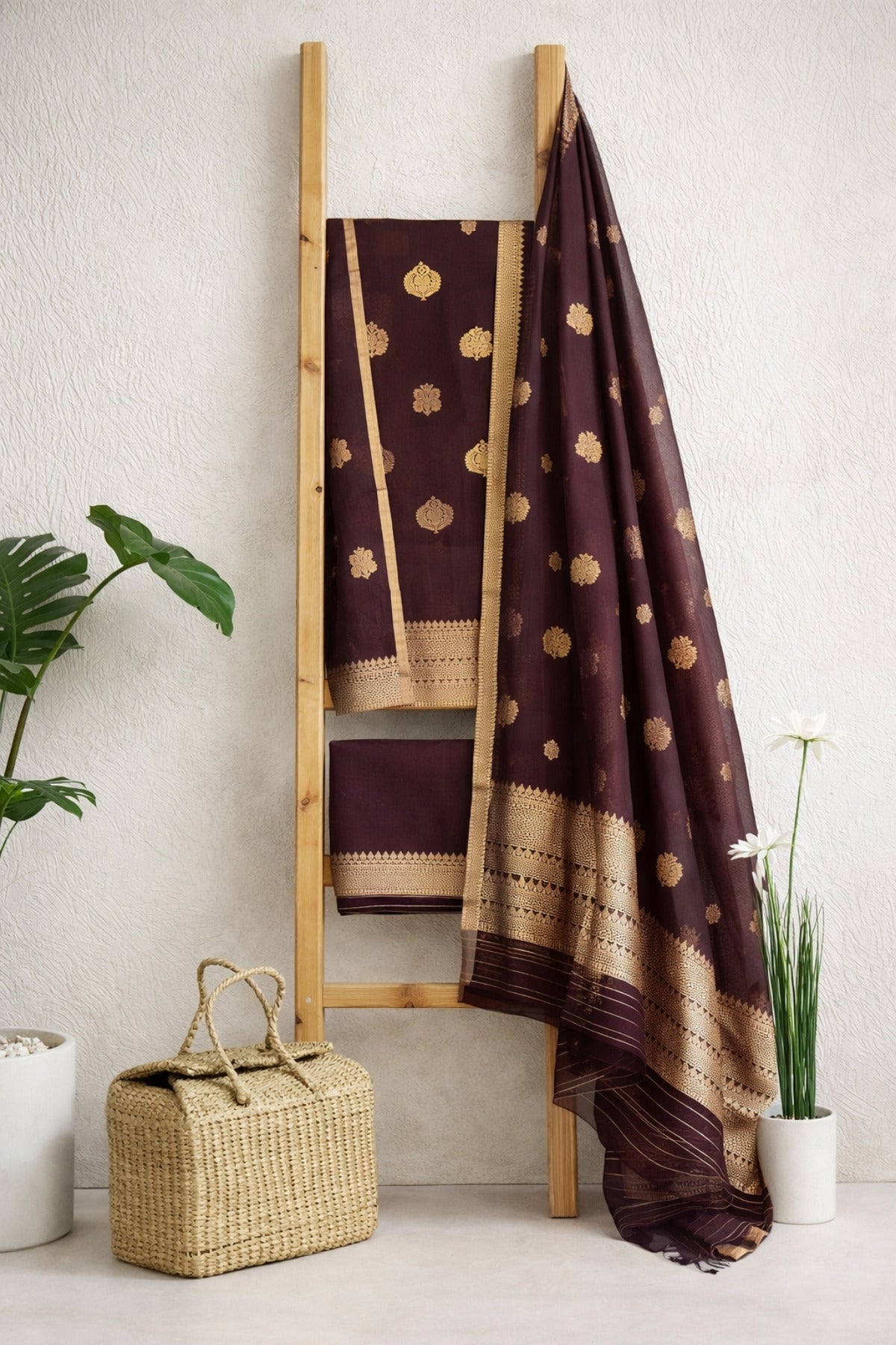 Maroon Pure Katan Silk Zari Suit Set with Organza Dupatta