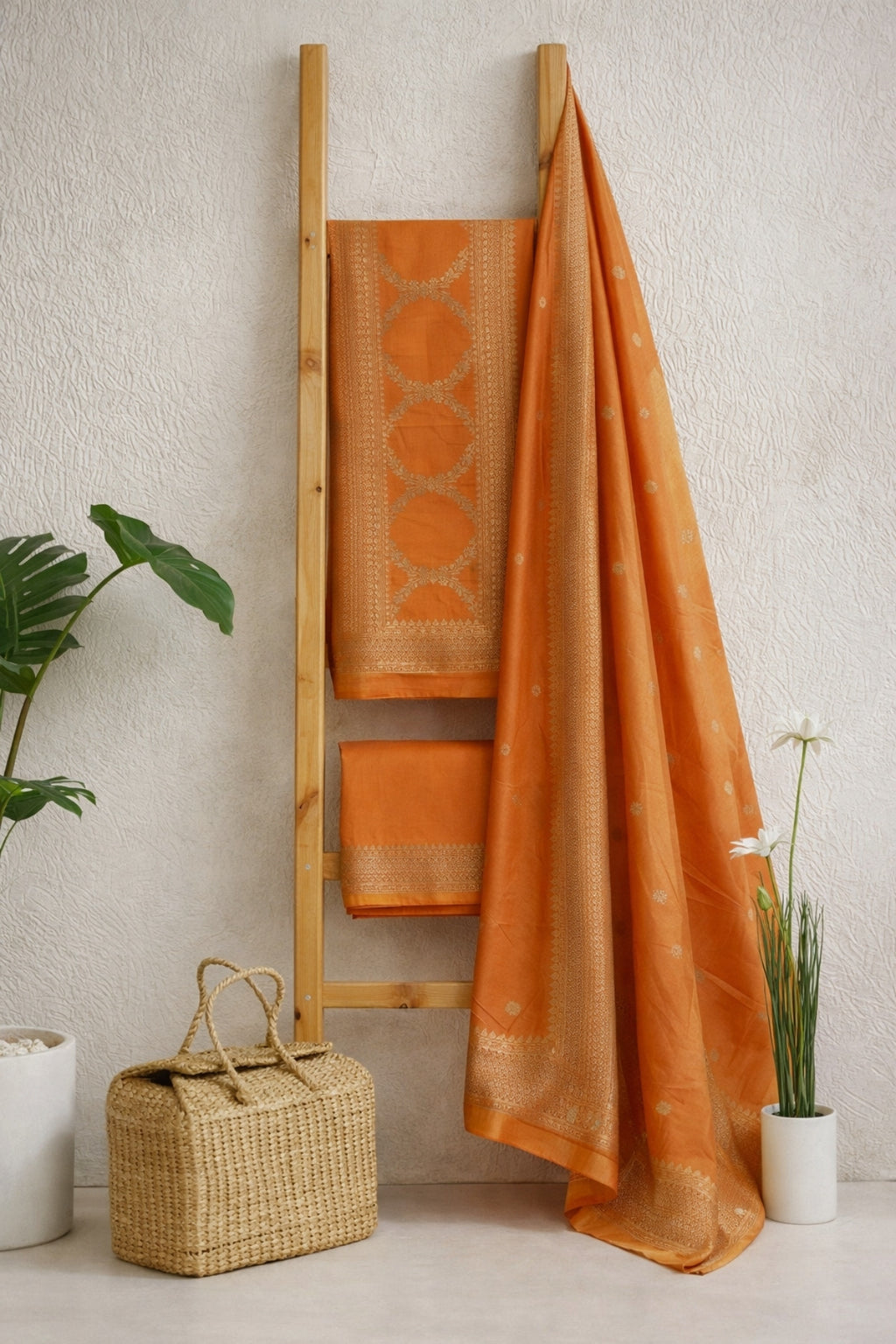 Orange Pure Katan Silk Jangla Zari Suit Set with Organza Dupatta