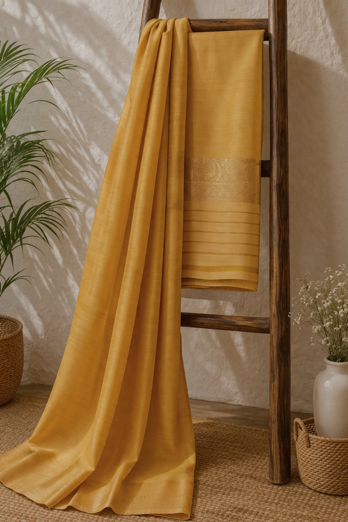 Mustard Yellow Premium Puna Silk Minimal Weave Zari Border Suit Set