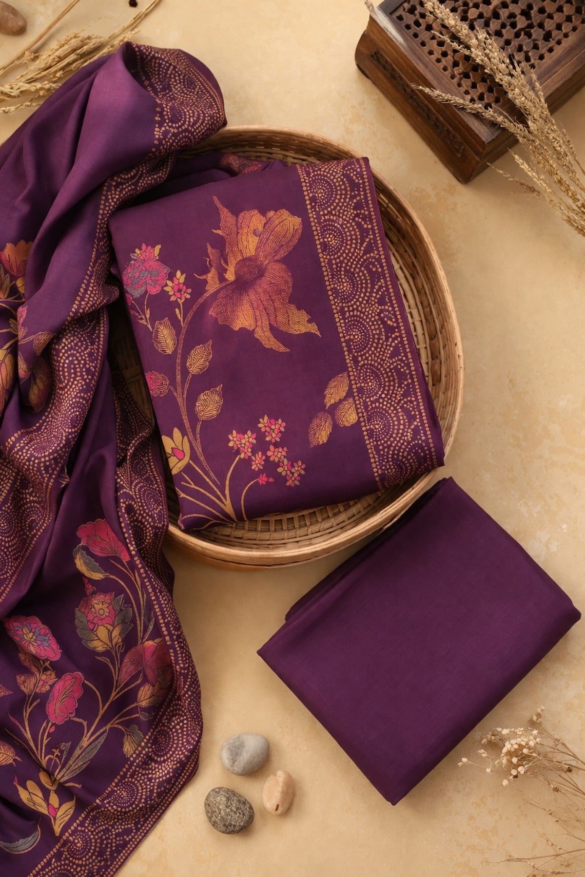 Wine Purple Silk-Cotton Floral Suit Set with Matching Dupatta