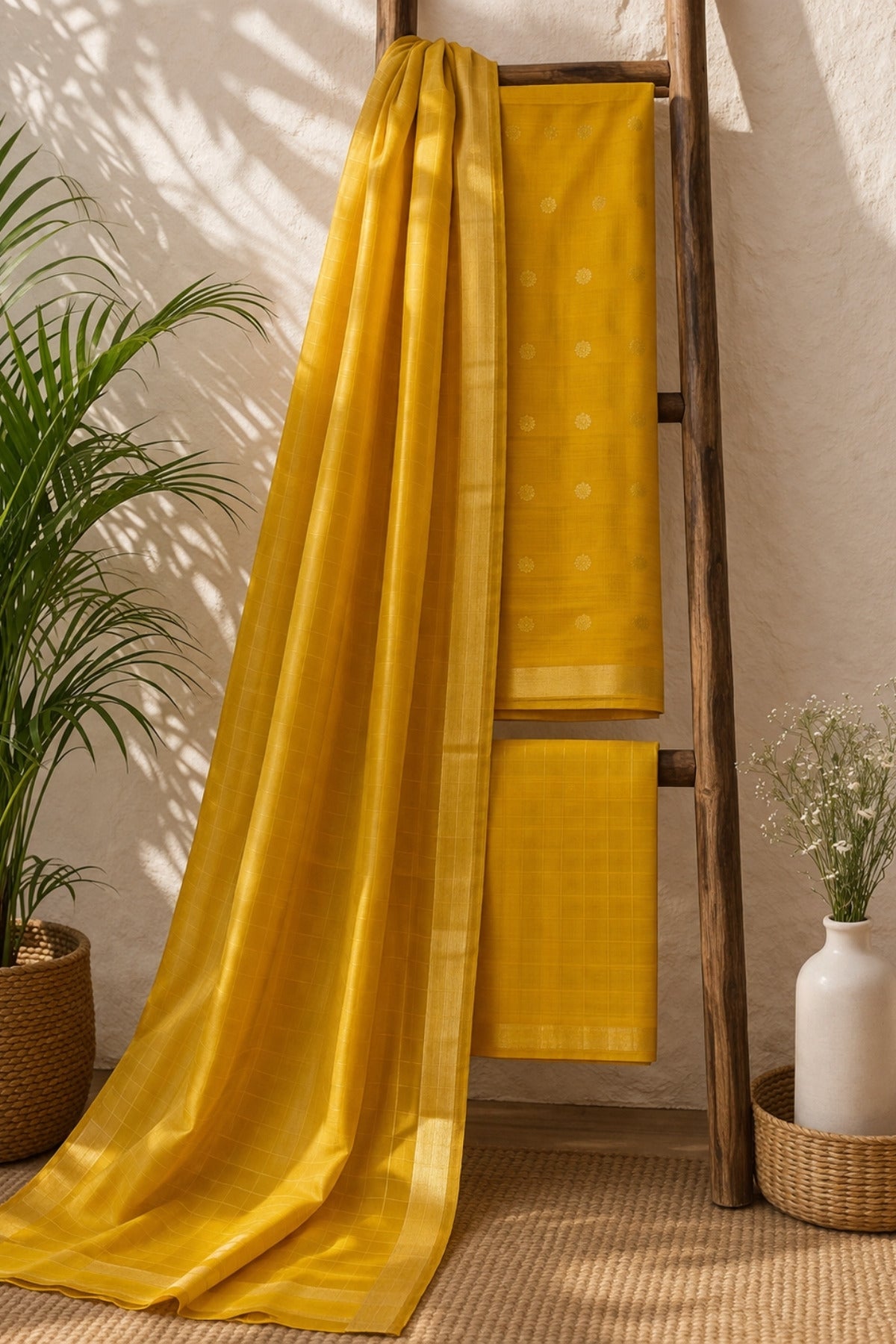 Bright Mustard Silk-Cotton Zari Suit Set with Matching Dupatta