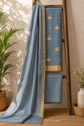Steel Blue Silk-Cotton Zari Weave Suit Set with Checkered Dupatta