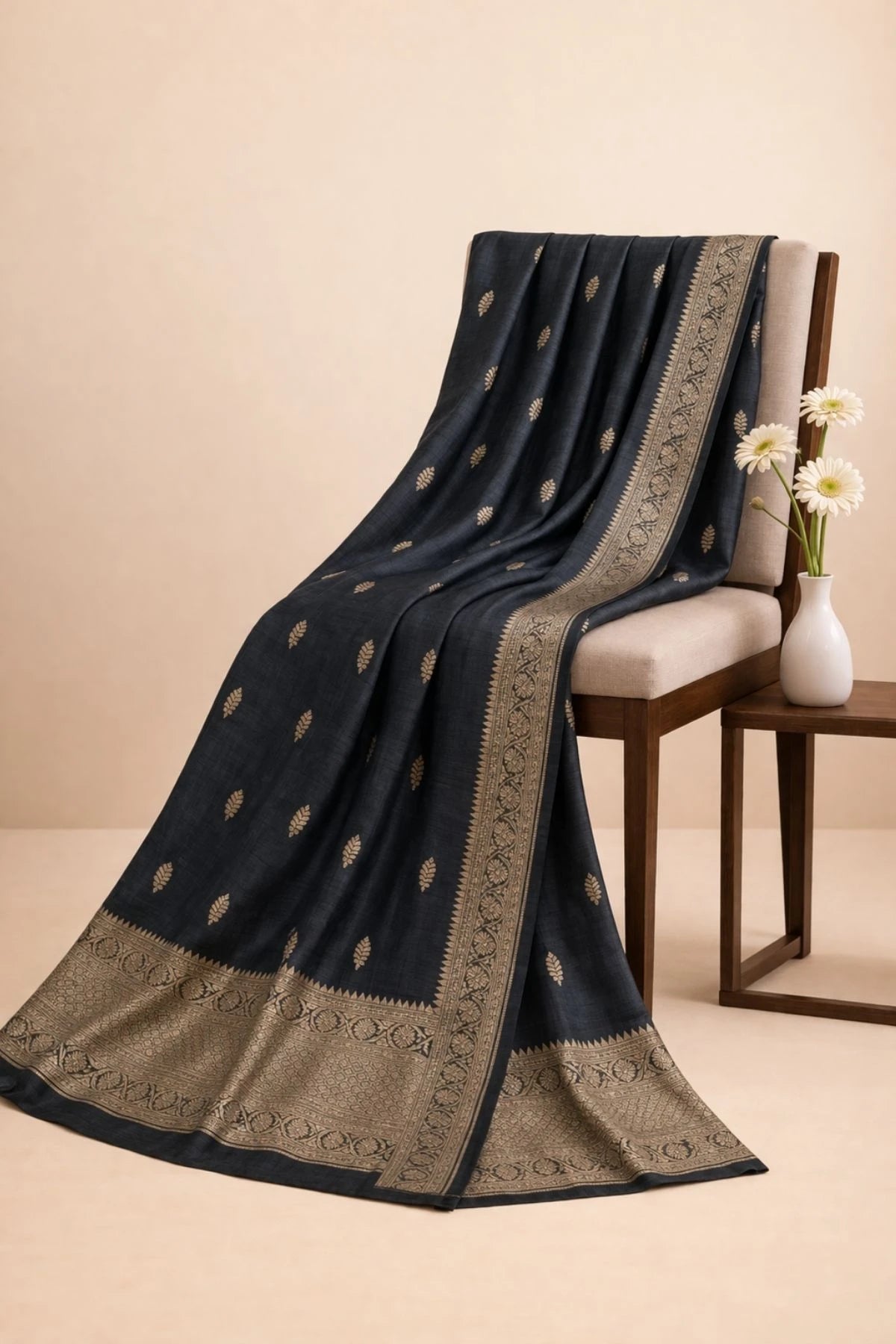 Charcoal Black Pure Raw Silk Handwoven Saree