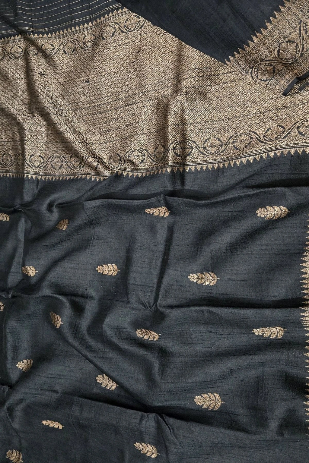 Charcoal Black Pure Raw Silk Handwoven Saree