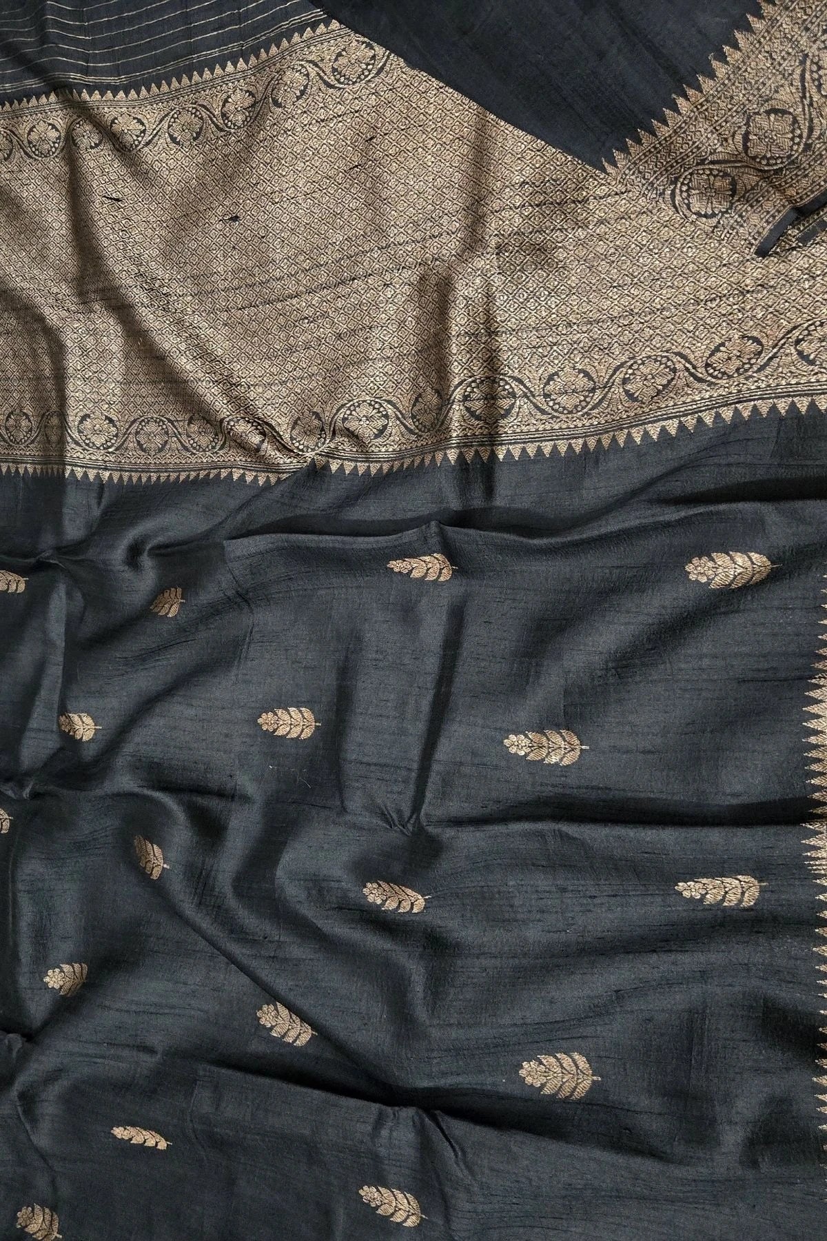 Charcoal Black Pure Raw Silk Handwoven Saree