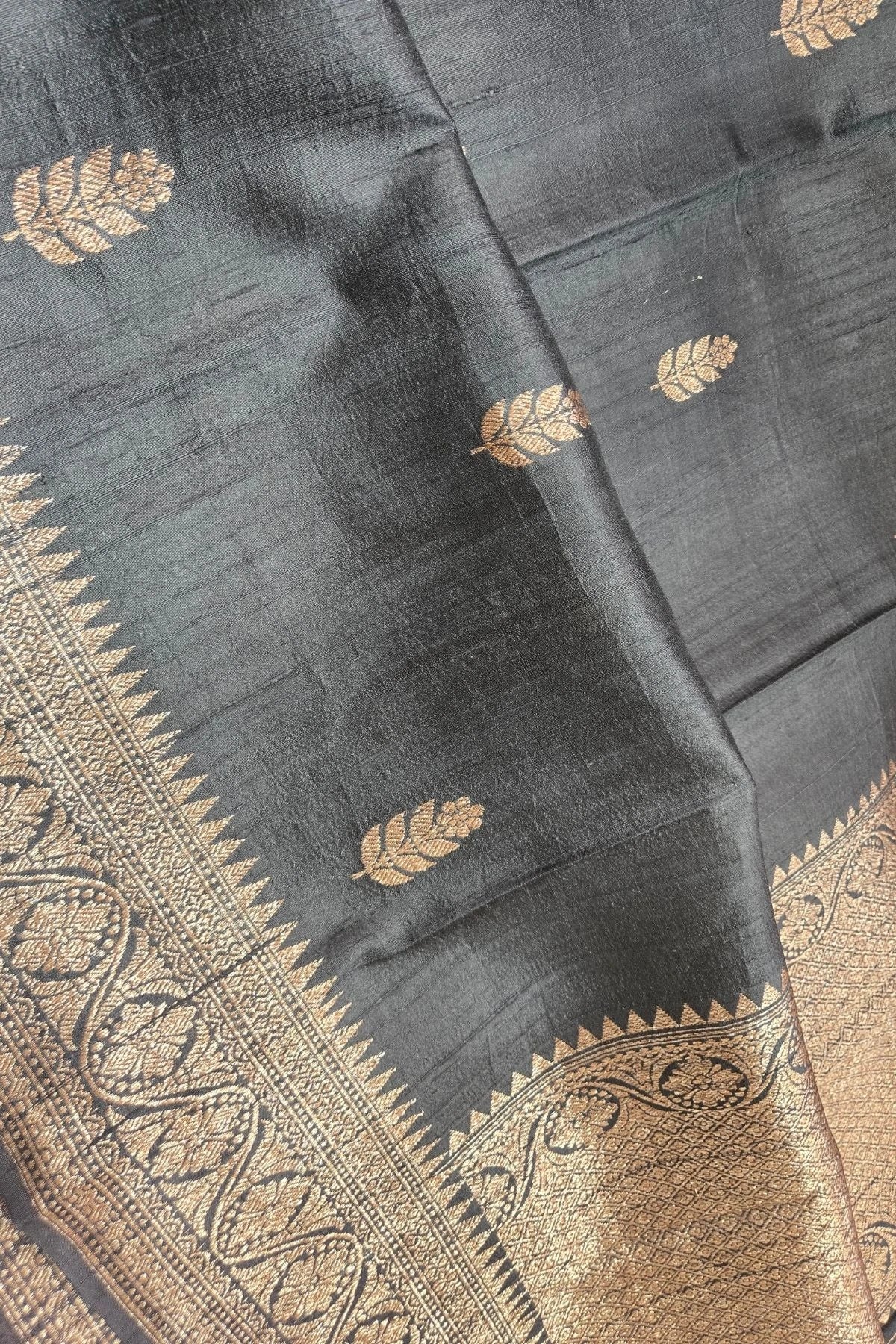 Charcoal Black Pure Raw Silk Handwoven Saree