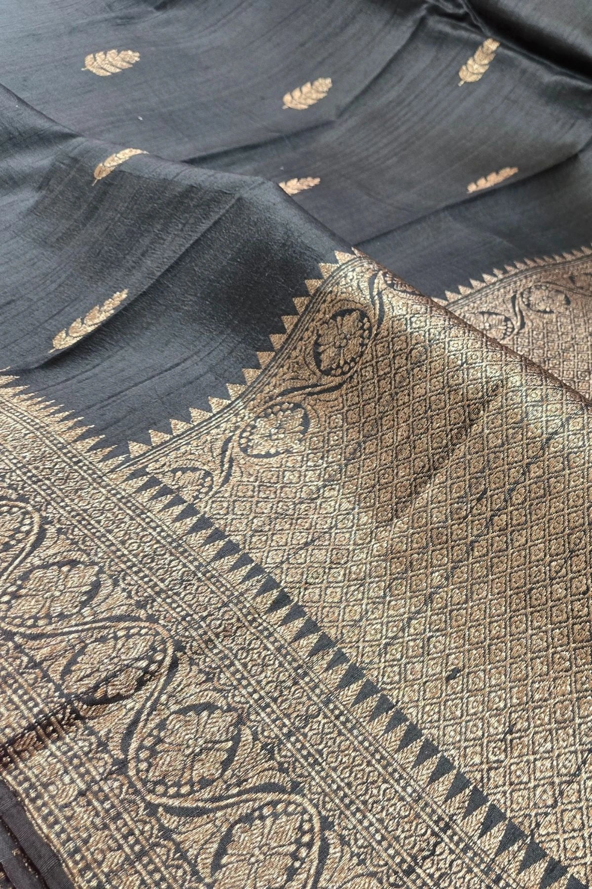 Charcoal Black Pure Raw Silk Handwoven Saree