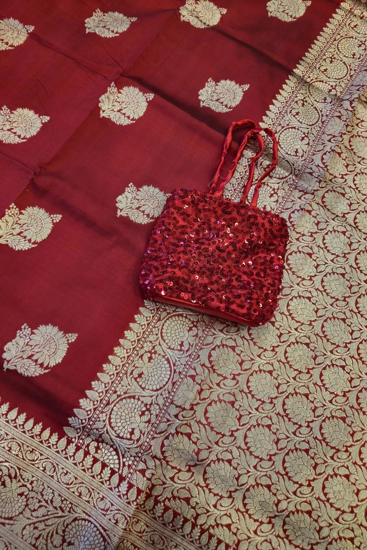 Crimson Red Pure Katan Silk Handmade Saree