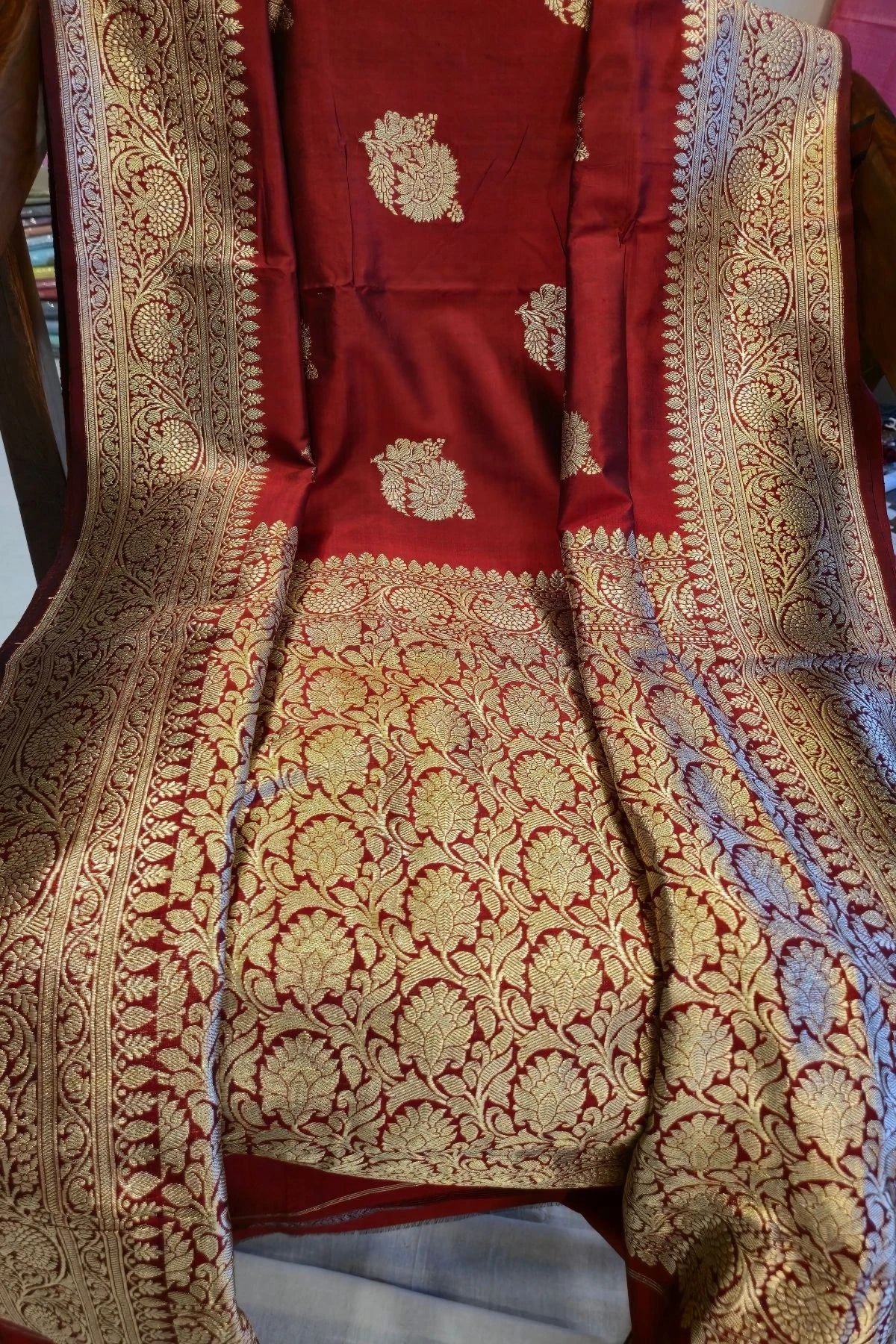 Crimson Red Pure Katan Silk Handmade Saree
