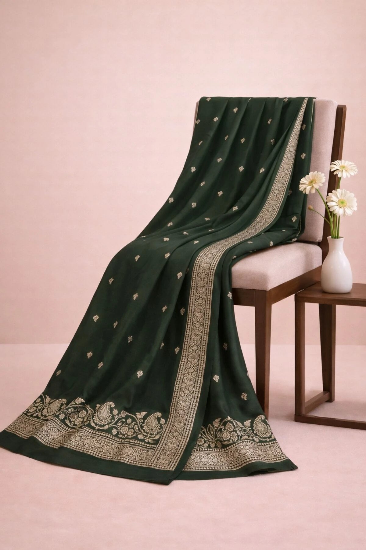 Dark Green Satin Silk Handwoven Saree