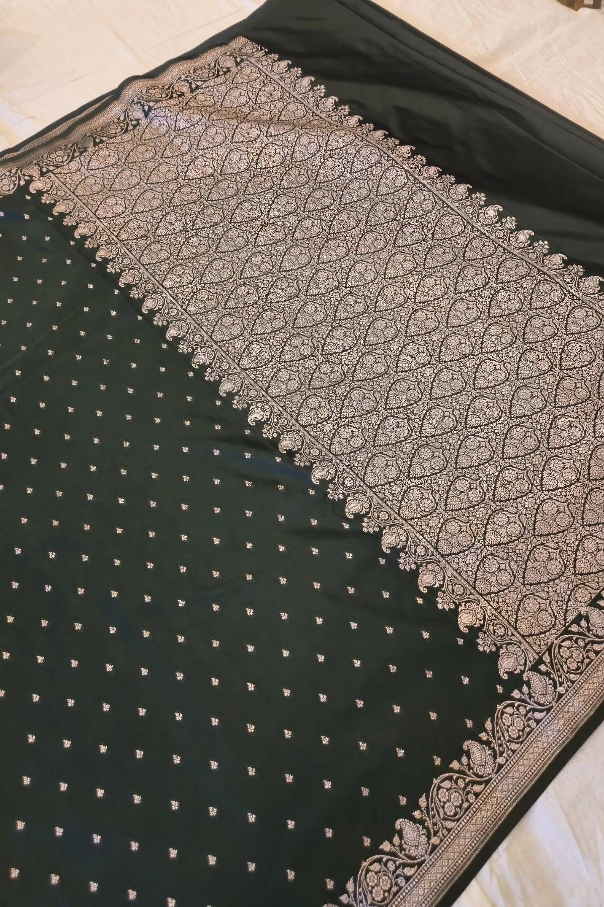 Dark Green Satin Silk Handwoven Saree