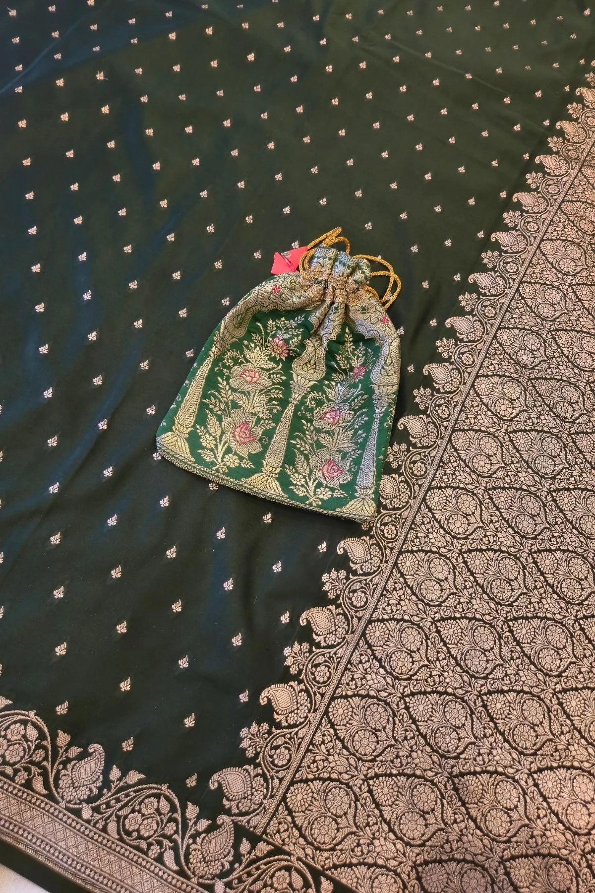 Dark Green Satin Silk Handwoven Saree
