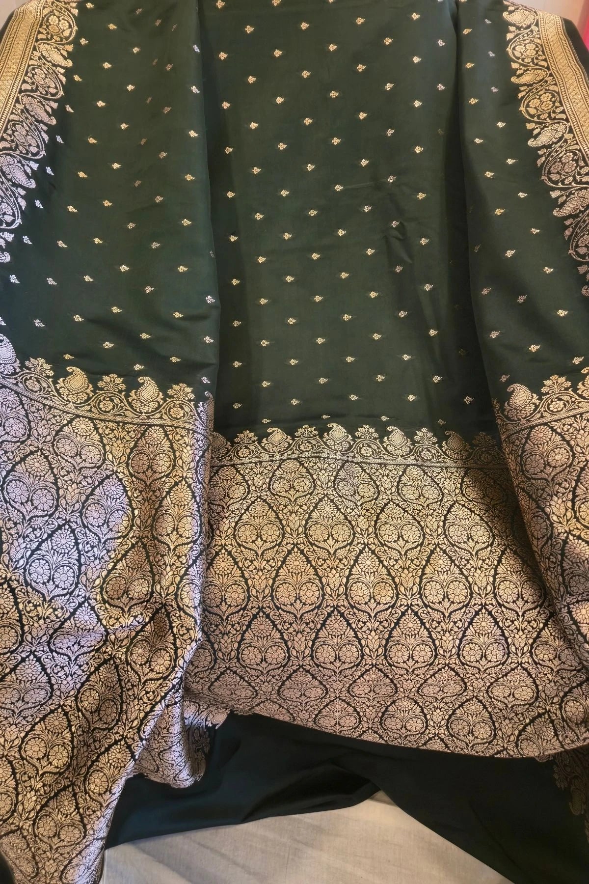 Dark Green Satin Silk Handwoven Saree