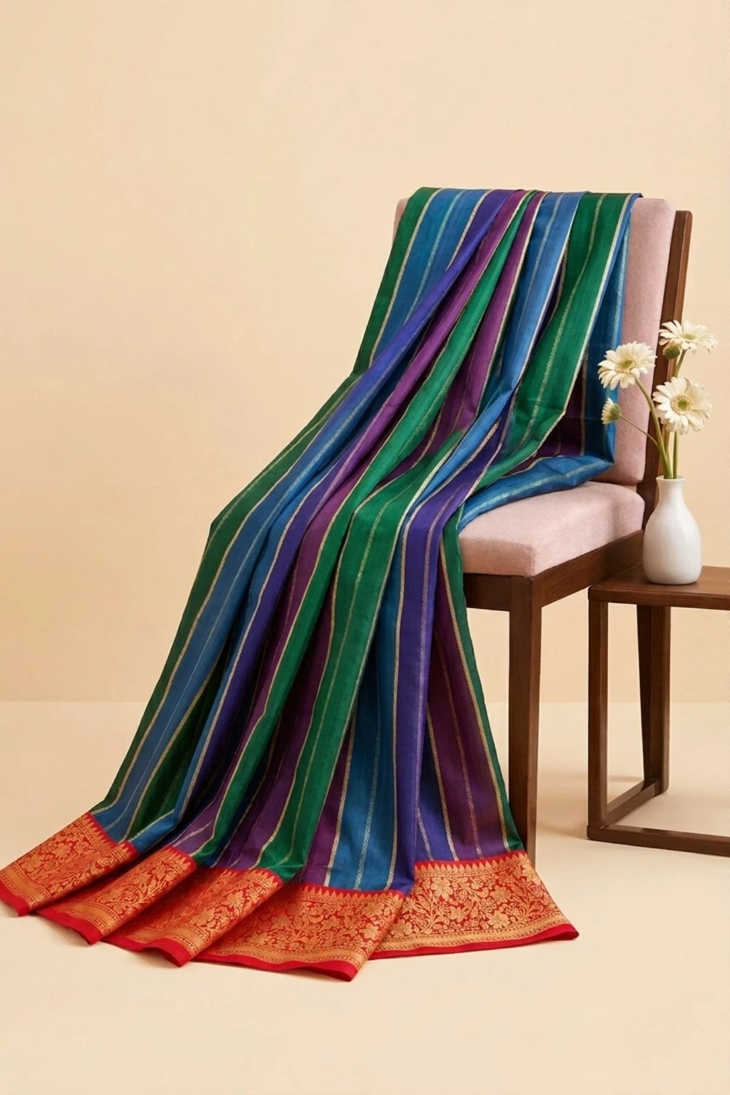 Multicolor Gold Zari Kora Silk Handwoven Saree