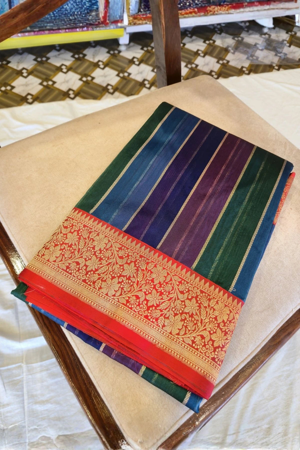 Multicolor Gold Zari Kora Silk Handwoven Saree