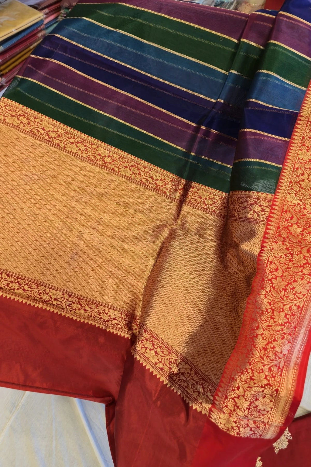 Multicolor Gold Zari Kora Silk Handwoven Saree