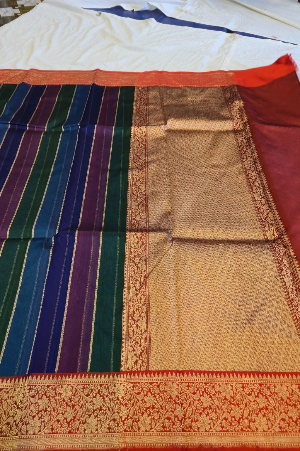 Multicolor Gold Zari Kora Silk Handwoven Saree