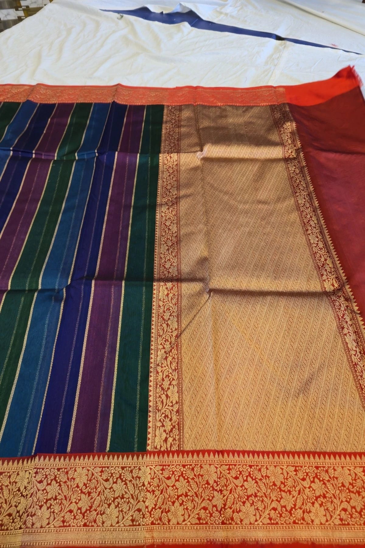Multicolor Gold Zari Kora Silk Handwoven Saree