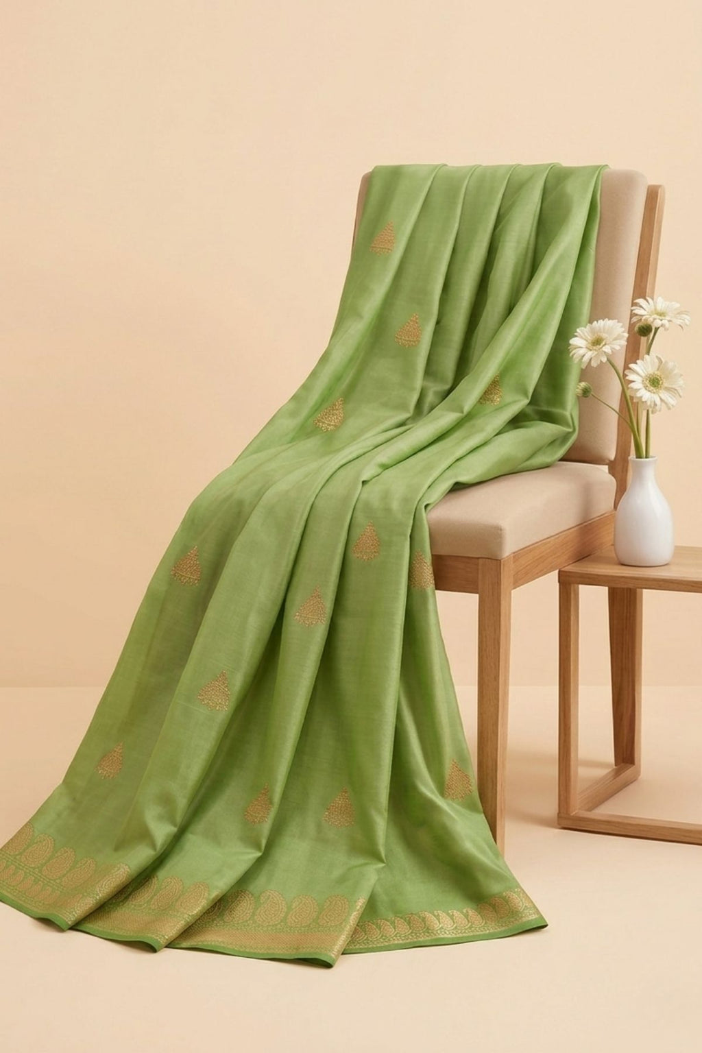 Parrot Green Pure Katan Silk Handmade Saree