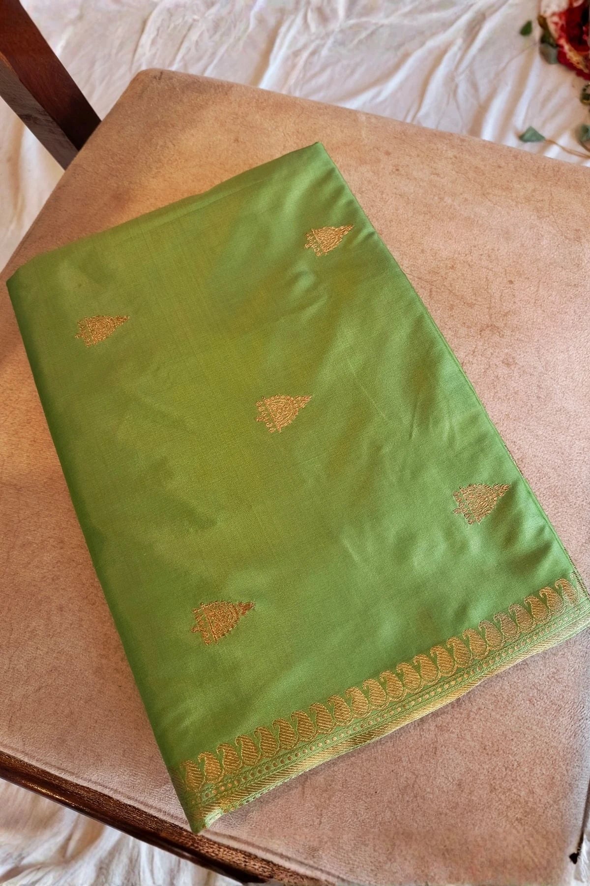 Parrot Green Pure Katan Silk Handmade Saree