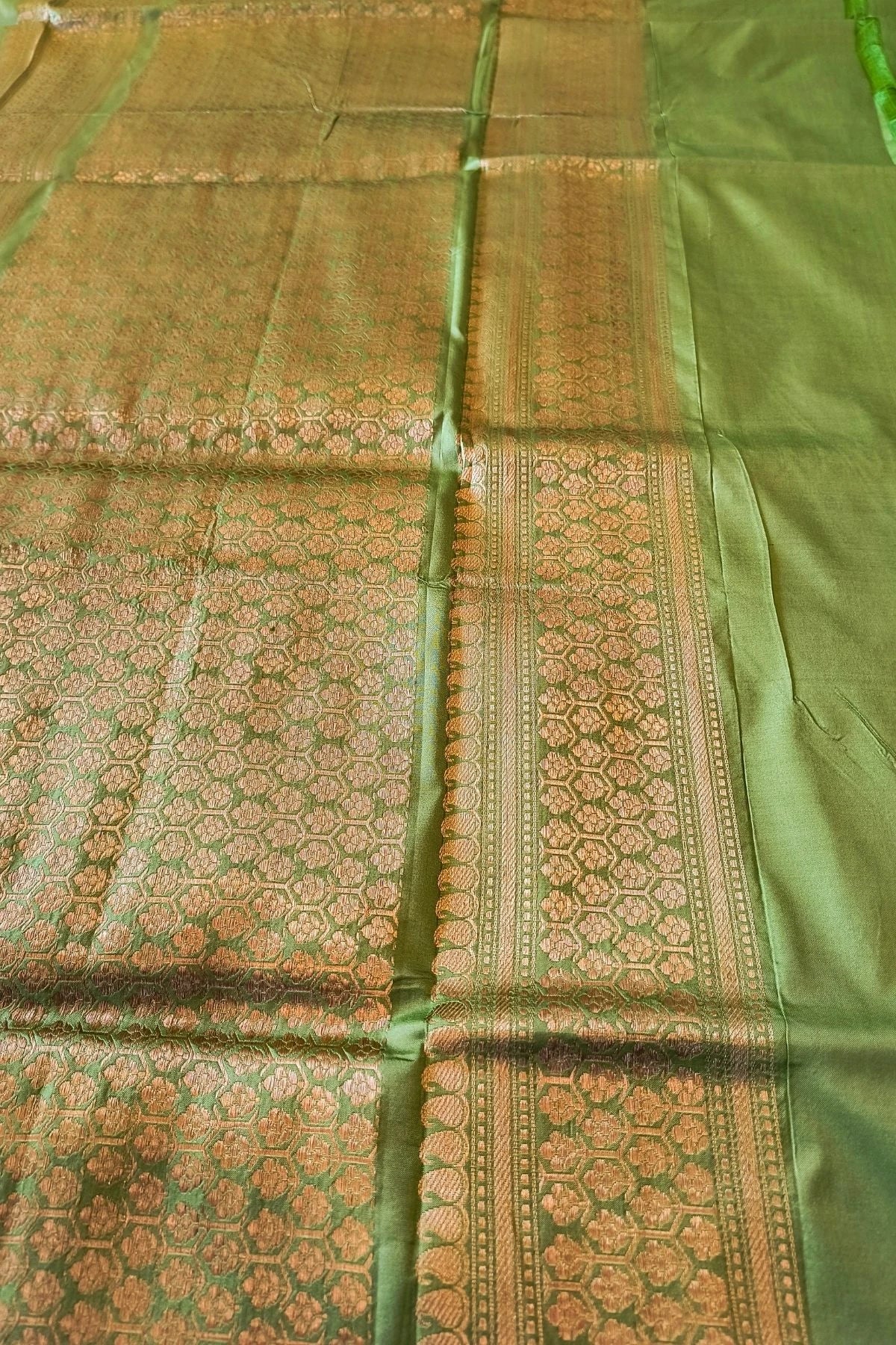 Parrot Green Pure Katan Silk Handmade Saree