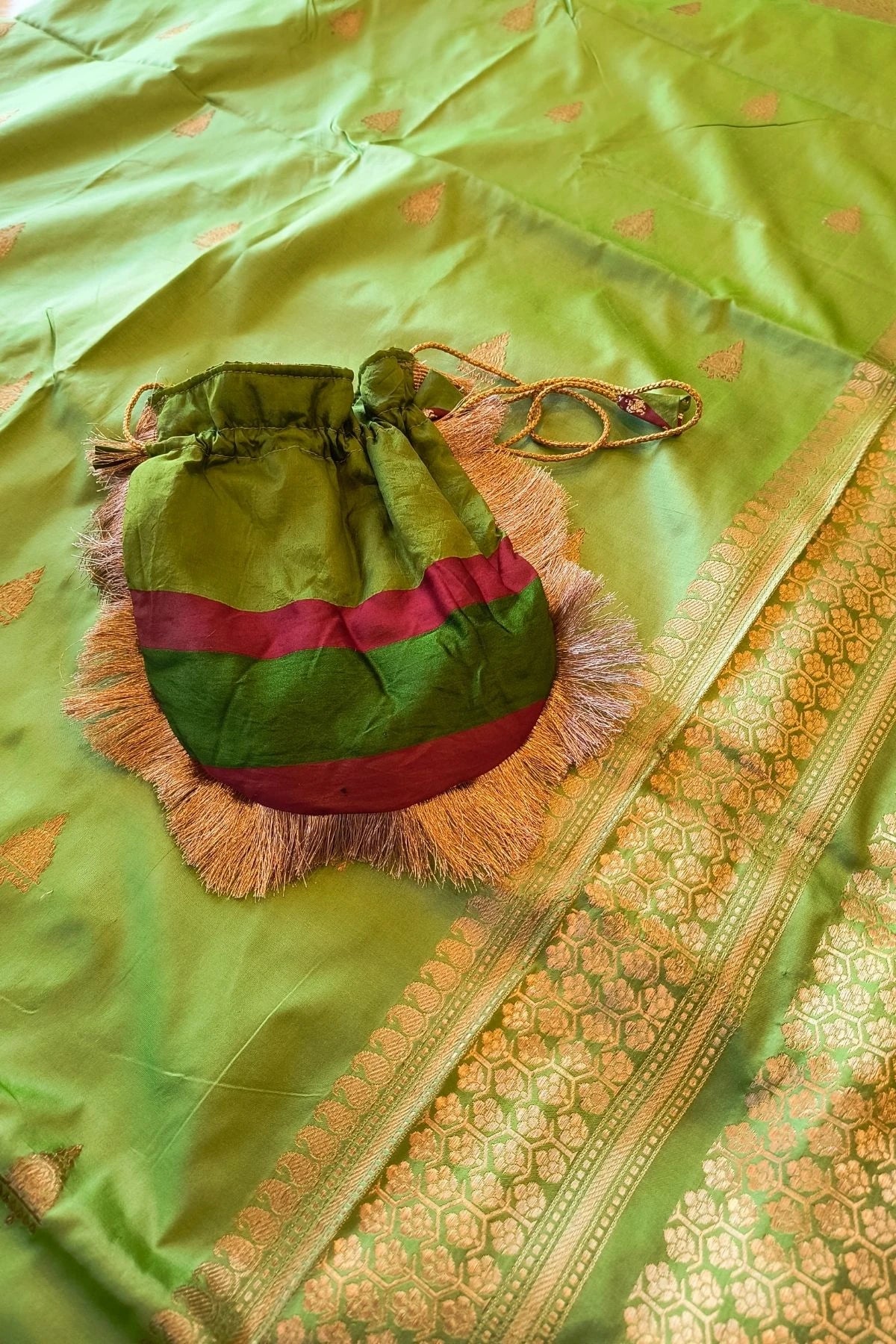 Parrot Green Pure Katan Silk Handmade Saree