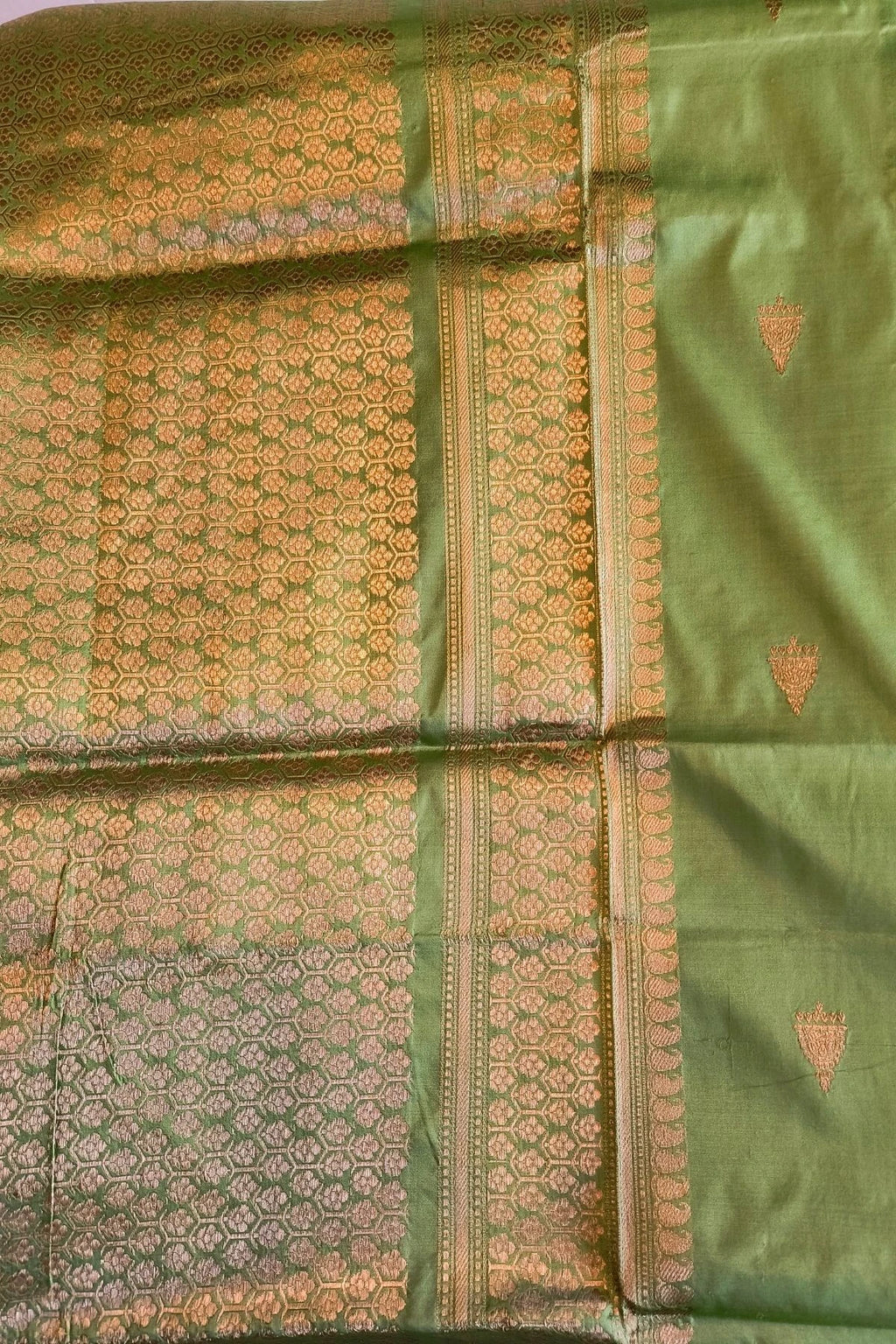 Parrot Green Pure Katan Silk Handmade Saree