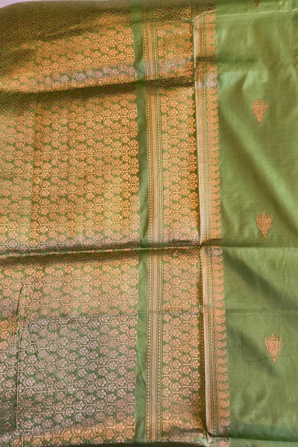 Parrot Green Pure Katan Silk Handmade Saree