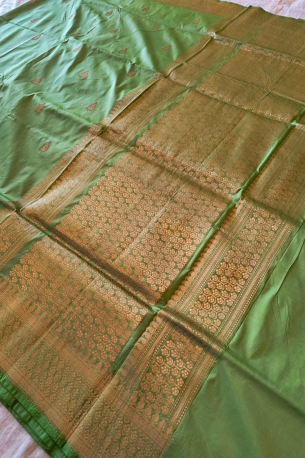 Parrot Green Pure Katan Silk Handmade Saree