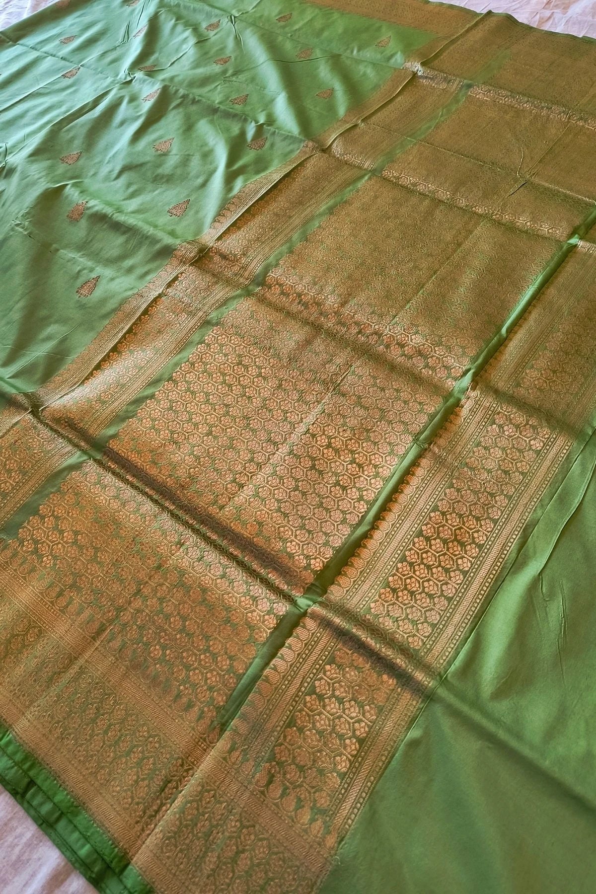 Parrot Green Pure Katan Silk Handmade Saree