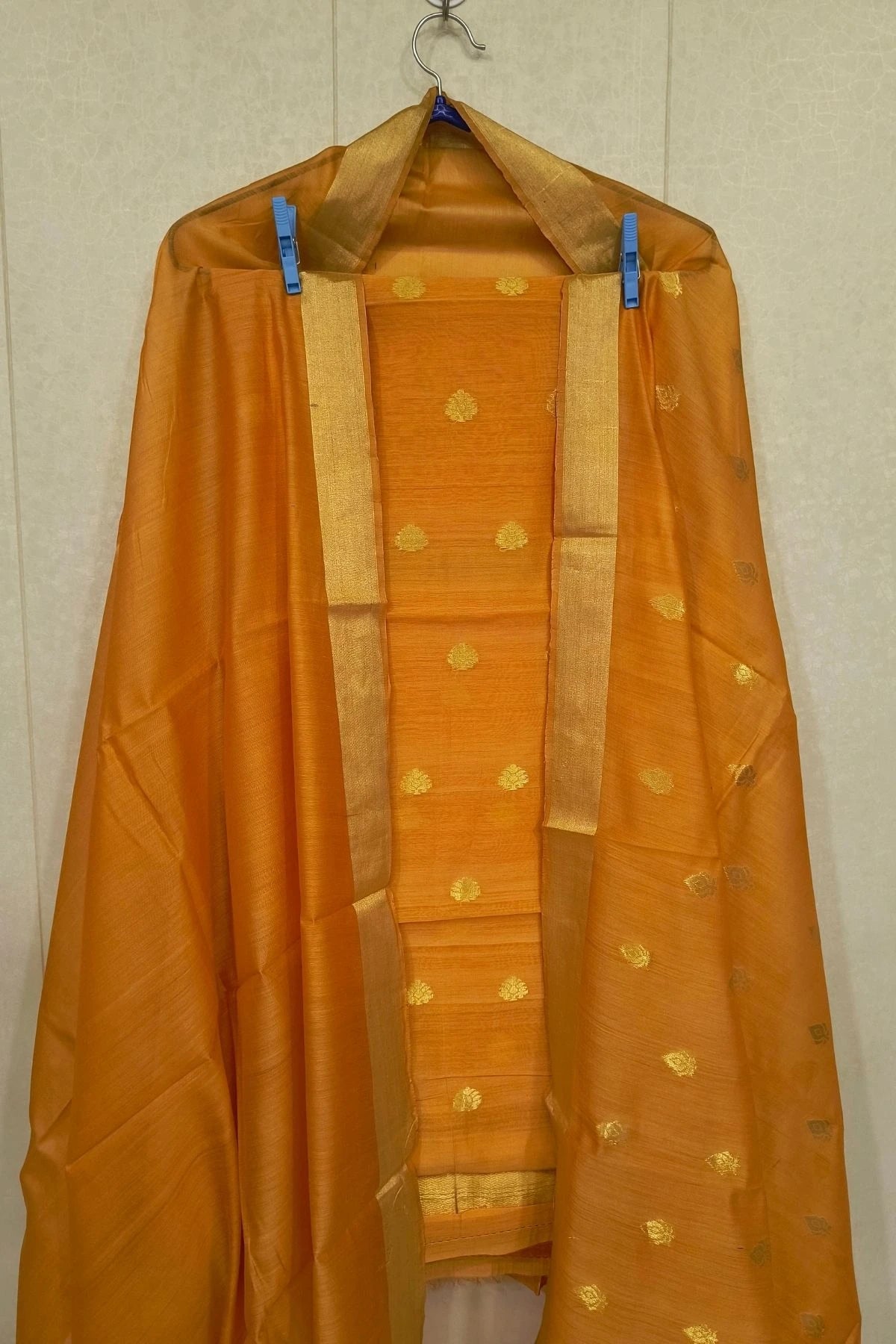 Burnt Orange Silk-Cotton Zari Weave Suit Set with Plain Border Dupatta