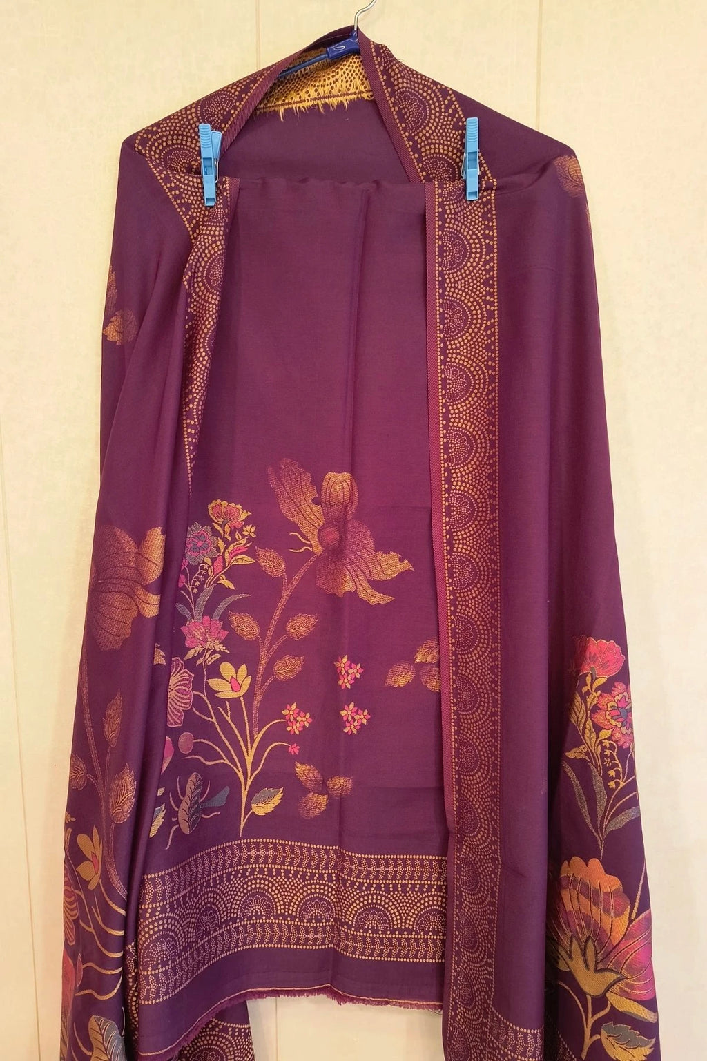 Wine Purple Silk-Cotton Floral Suit Set with Matching Dupatta