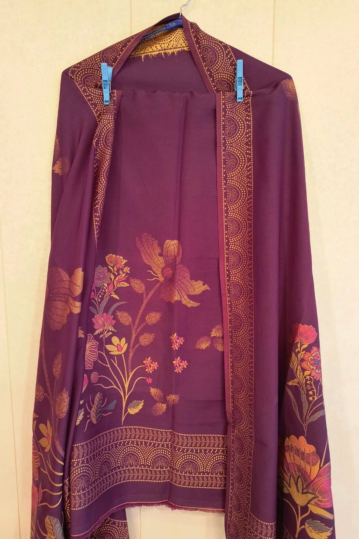 Wine Purple Silk-Cotton Floral Suit Set with Matching Dupatta