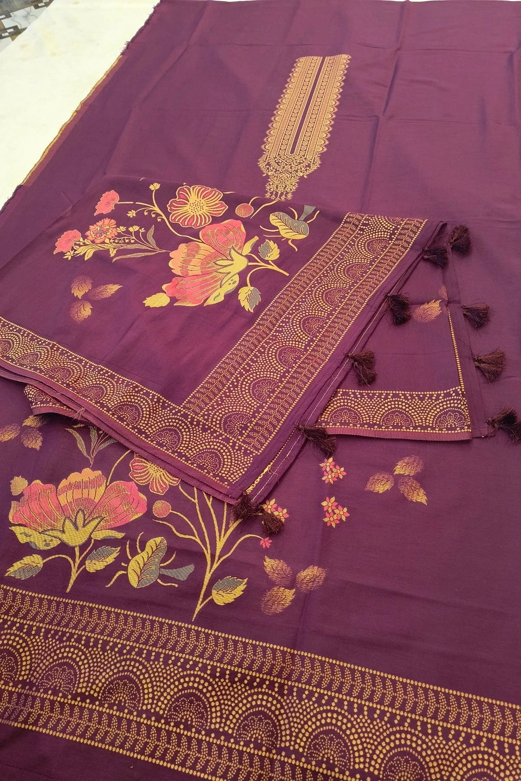 Wine Purple Silk-Cotton Floral Suit Set with Matching Dupatta