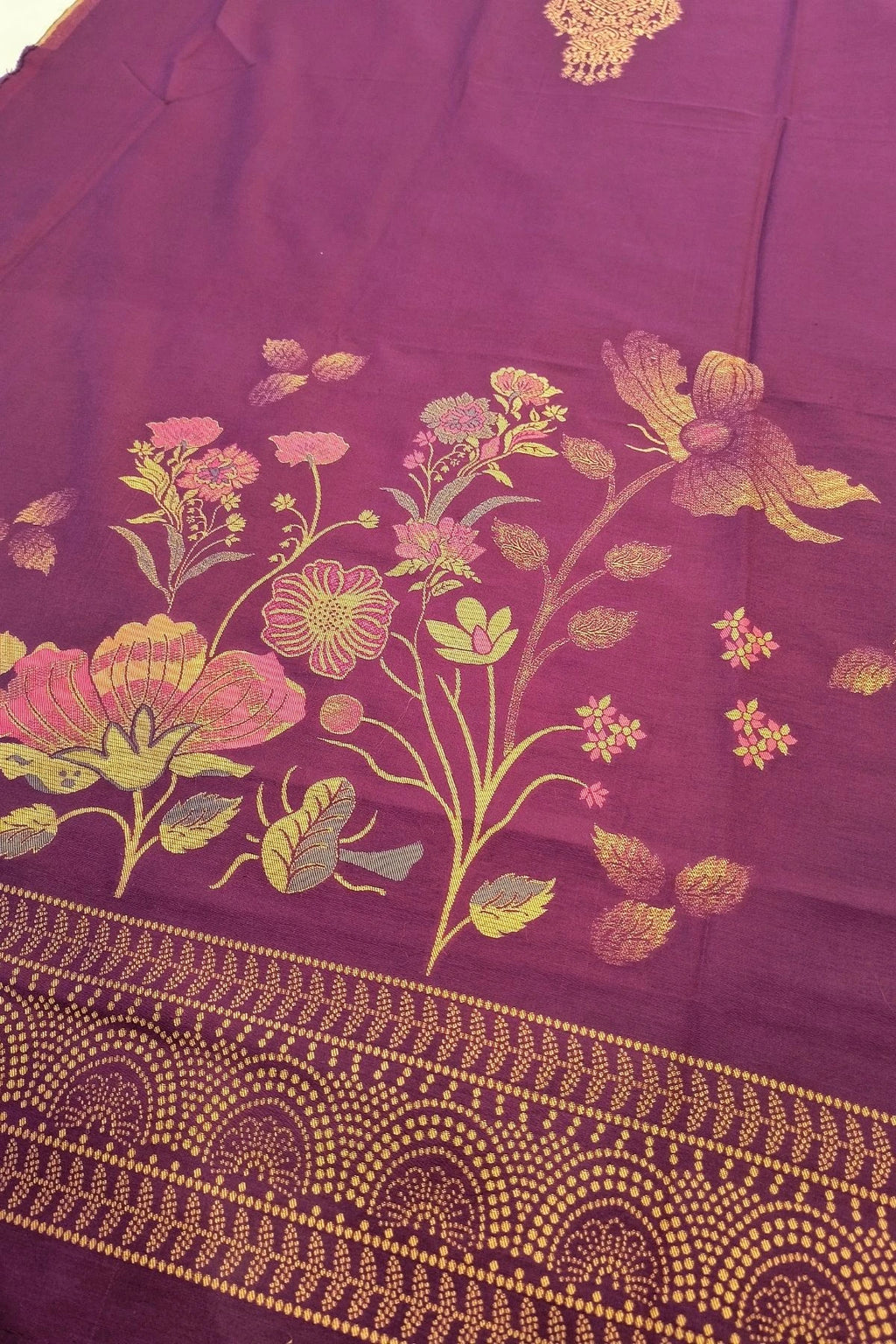 Wine Purple Silk-Cotton Floral Suit Set with Matching Dupatta