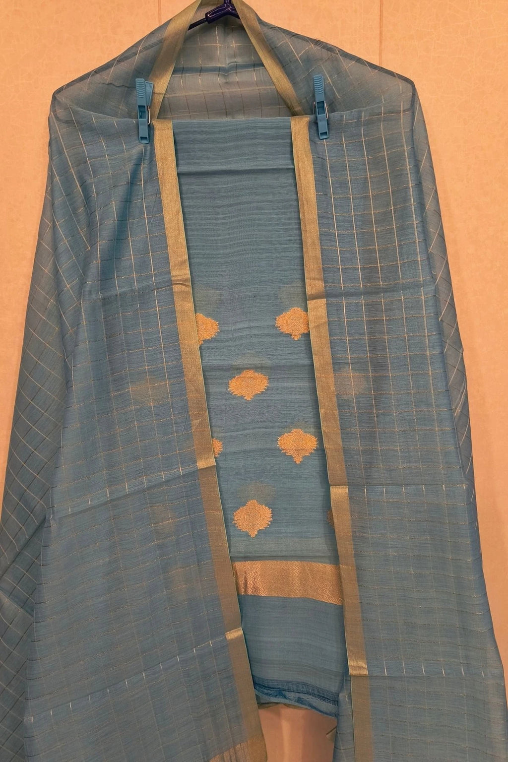 Steel Blue Silk-Cotton Zari Weave Suit Set with Checkered Dupatta