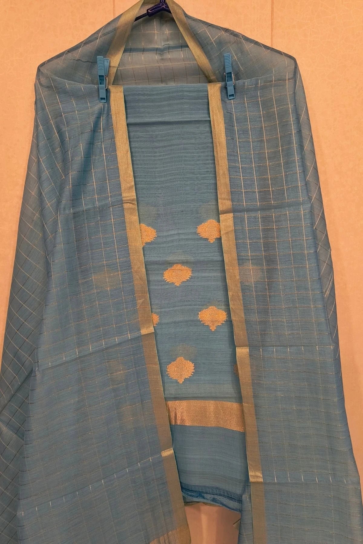 Steel Blue Silk-Cotton Zari Weave Suit Set with Checkered Dupatta