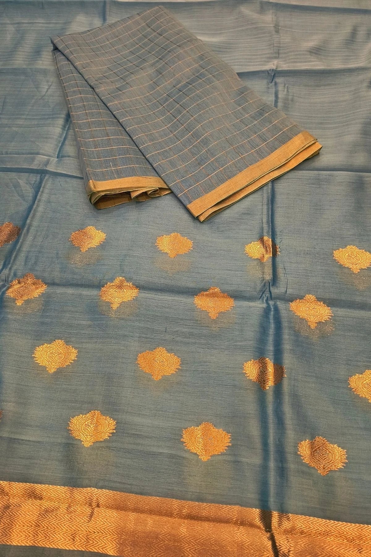 Steel Blue Silk-Cotton Zari Weave Suit Set with Checkered Dupatta