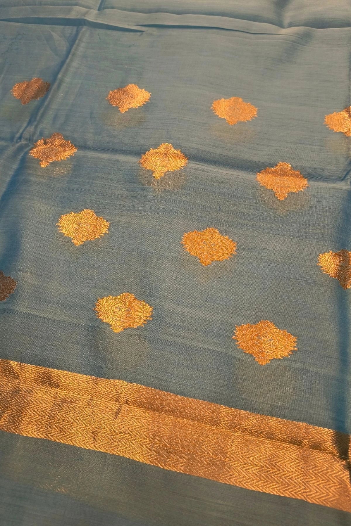 Steel Blue Silk-Cotton Zari Weave Suit Set with Checkered Dupatta